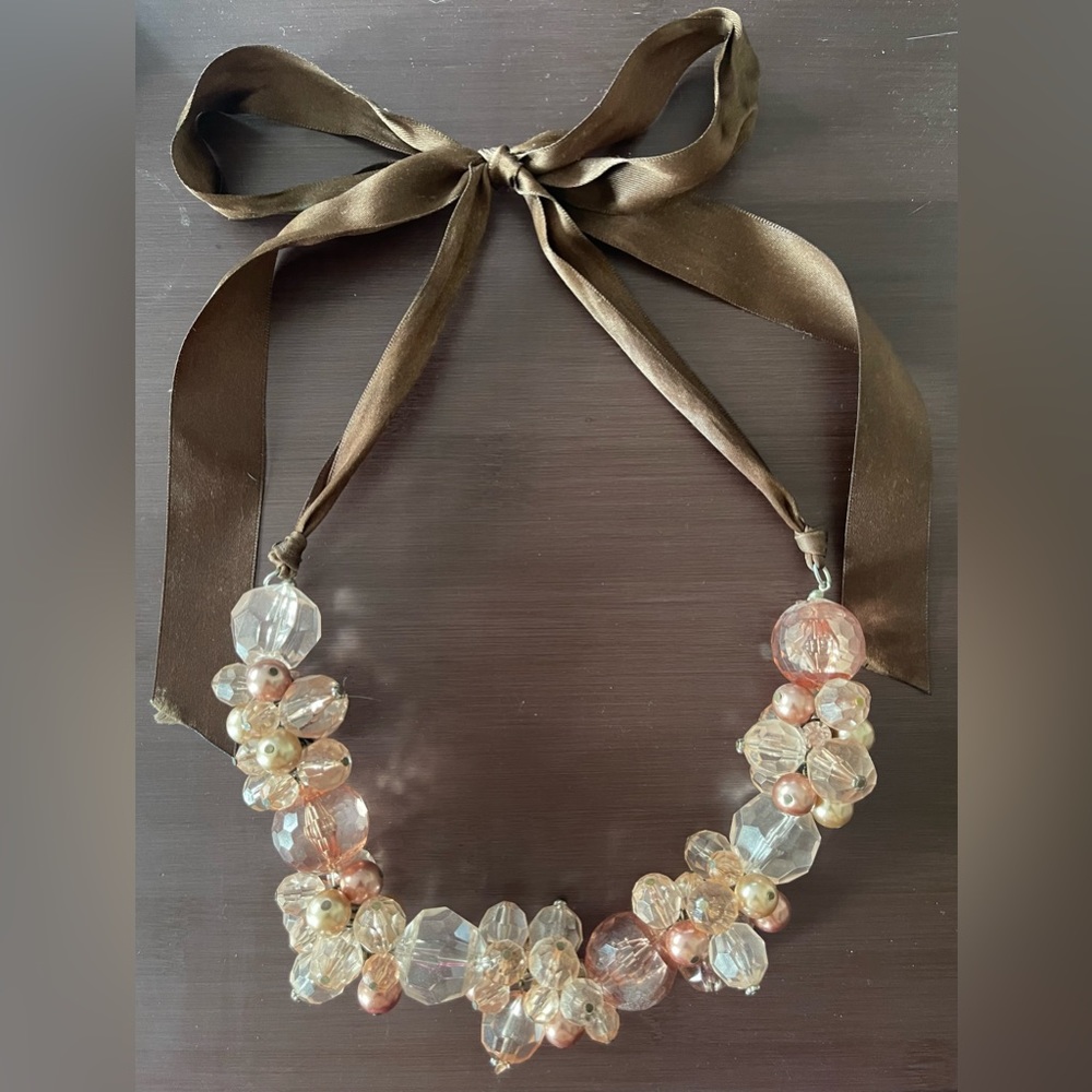J. Crew Brown, Light Pink, Clear Beaded Necklace with Ribbon